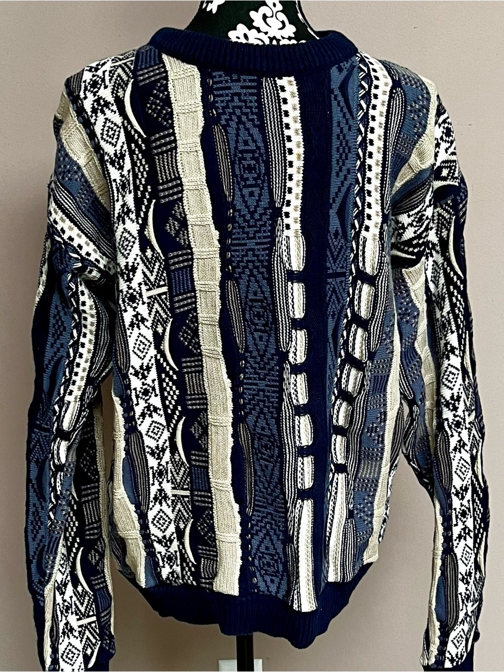 OLD GLORY Vintage 3D Textured Knit Sweater Coogi Style Navy Beige Cotton